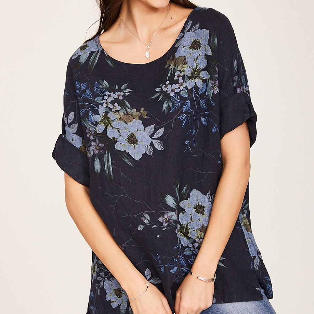 Navy Floral Linen Rolled-Sleeve Scoop Neck Top